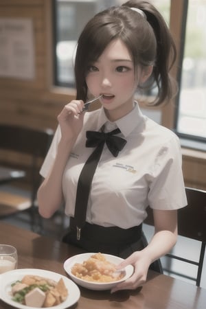 high_school_girl,In this 3D image, we see a high school girl rendered with remarkable attention to detail. She's sitting at a table in a vibrant and bustling cafeteria, the background a blur of other students engaged in their lunchtime activities. The girl is the focal point, wearing a traditional high school uniform, complete with a neatly tied ribbon and a pleated skirt.

As she sits at the table, her wide-eyed expression conveys a sense of surprise and shock. Her mouth is open wide, mid-bite, with a fork suspended in front of her. It's clear she was in the midst of enjoying her meal when something unexpected happened, causing her to drop her fork and let out a scream.

The lighting in the image casts dramatic shadows, enhancing the intensity of the scene. Her hair, in a neat ponytail, seems to sway with her sudden motion. The 3D rendering captures the emotions and actions of the high school girl with impressive realism, making you feel as though you're witnessing this moment unfold right before your eyes.

Overall, this 3D image portrays a high school girl in a moment of surprise and excitement, effectively capturing the dynamics of a high school cafeteria setting.