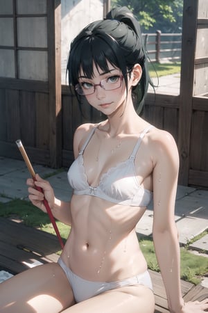 Girl, frown, smile, blush, small breasts, long green hair, ponytail, flat bangs, glasses, in Japanese temple, white bra, white panties,

Detailed face, ultra-detailed, bright Asian wet glossy skin, high quality skin texture rendering, masterpiece, masterpiece, highest quality), (photorealism, photorealism), 8k, photorealism, masterpiece, best quality, (most Good quality, sitting position