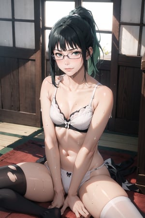 Girl, frown, smile, blush, small breasts, long green hair, ponytail, flat bangs, glasses, in Japanese temple, white bra, white panties, black jacket, torn clothes, black stockings,

Detailed face, ultra-detailed, bright Asian wet glossy skin, high quality skin texture rendering, masterpiece, masterpiece, highest quality), (photorealism, photorealism), 8k, photorealism, masterpiece, best quality, (most Best quality, spread your legs,