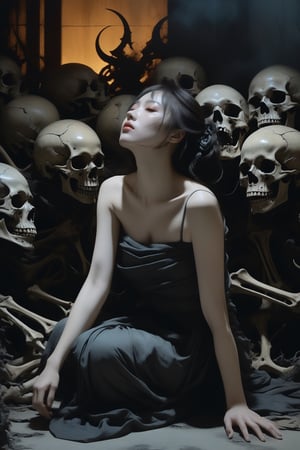 absurdres,portrait of the most beautiful form of chaos,elegant,a brutalist designed,vivid colours,romanticism,horror art by junji ito,ashley wood,atmospheric,trending on artstation,8k masterpiece,memento mori,full body photo of a woman in despair,bones and deformed limbs,visceral horror art,sombre and dark,surrounded by demons,photograph,photo realistic,