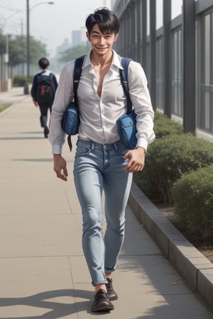 Skinny_korean_man, handsome, black_short_hair, white_dress_shirt,long_sleeves,blue_jeans,schoolbag,school,walking