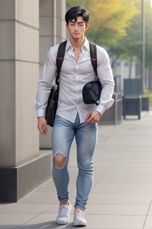 muscular_korean_man, handsome, black_short_hair, white_dress_shirt,long_sleeves,blue_jeans,schoolbag,school,walking