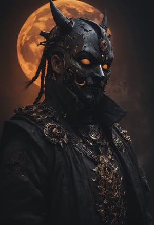 closeup, Lenticular, DARK, Low Angle View,. a hkstyle man with rotten horned Guy fawkes oni mask and a outworn detailed old high collar cyberpunk Samurai jacket, translucent amber Horns, one top Hairbun, glowing hair, Large linen cape ,surrounded by a detailed monochrome spacescape with translucent dark-amber Highlights, hyper-detailed, sharp, high resolution, high quality, 32K, Ultra realistic, HD, super detailed, line art, abstract style
,vntblk,black