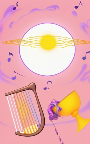 Contained Color,Color Splash,colorful,glowing,shining,Vibrant, A divine celestial scene: A radiant white planetary orb glows with an intense golden light from within, emitting powerful soundwaves and vibrations that generate mesmerizing music and harmonious notes amidst swirling pink clouds. In the foreground, a ornate wooden harp with rainbow strings, lies adjacent to a gleaming golden cup spilling wine, as if consecrated by the celestial energy emanating from the 
