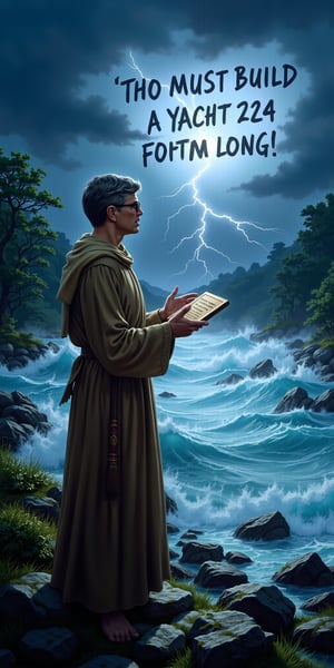 A dramatic shot of Bill Gates, resplendent in Moses attire, stands at the edge of a turbulent river, with lightning illuminating the darkening sky. a radiant glow envelops Bill as God's voice booms, 'Thou must build a yacht 224 foots long!',aidmatextimprover.  The camera frames Bill's astonished expression, his hands grasping a tablet inscribed with divine instructions. In the background, the river churns and foams, while the heavens remain ominous and foreboding.