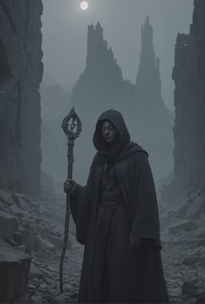  dark fantasy, gritty, wizard,dark robes,staff, vengefull expression, mystical, misty, 80s movie feeling, amongst stony ruins of alien origin, 