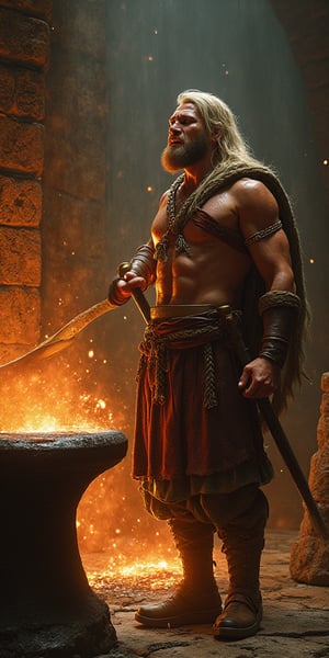 Sigurd, Nordic legend, stands victorious in the heart of a bustling smithy. He grips Gram, his newly reforged magical sword, as it slices through the anvil with precision and power. The fiery glow of the forge illuminates the scene, casting long shadows across the stone floor. Sweat glistens on Sigurd's chiseled physique as he roars triumphantly, the sound echoing off the walls. Runes etched into the ancient stones seem to pulse with energy, a testament to the legendary hero and his mighty sword.