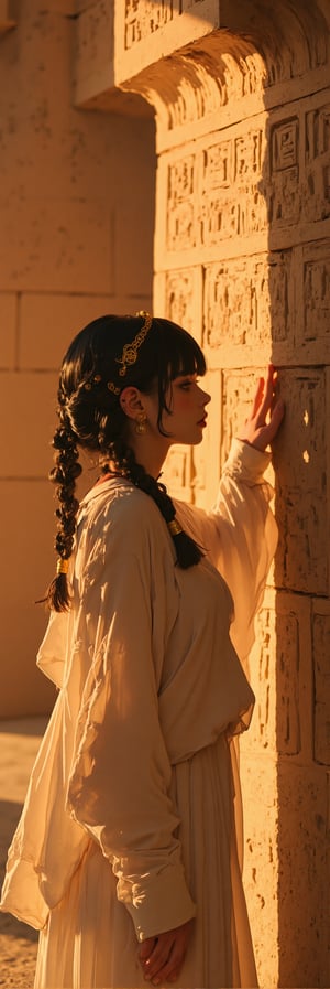 Ethereal light dances across the warm stone temple floor, illuminating a majestic Egyptian woman. Her black bobcut, braided sidebangs, adorned with golden rings. Her confident gaze stretches out into the sunlit distance as she stands poised, her flowing pleated tunic draping elegantly around her statuesque figure. Egyptian makeup, touching a heriglyph pillar,