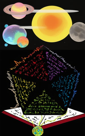 Contained Color,Color Splash,colorful,glowing,shining,Vibrant, swirling planetary spheres hover above a dark, six-sided hexagon, their colors blending in harmony. Inside the geometric shape, intricate, (runic script,heiroglyps),ancient texture, forms a star-shaped boundary around the central axis, where a mysterious, hovering book lies open, its pages fluttering slightly. The tiny Earth-like planet is tethered to the book's edge by an ethereal thread