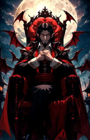 best quality,HQ,8K, dracula,symphony of the night, long hair which flows below his shoulders is black, Gaotee, bearded, From the tapering, beautiful head stare two glowing red eyes, ((red eyes)),fangs,black cape, Germany Male, confident, crooked smile, twisted lips, extending hand,
,High detailed, sitting on throne,draculacastlevania,wineglass filled with crimson red  liquid,the moon is full, valencia  candelabra, big throne
