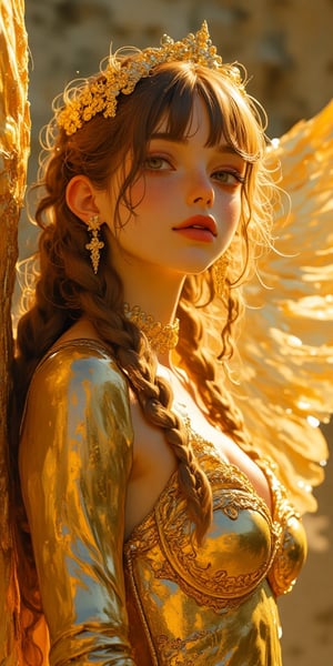 Golden angel, female, ultimate beauty, different hues of gold, angel wings,golden feathers  it is hard to discern if such a beautifull entity should be worshipped or feared, golden eyes, dark gold pupils, golden lips, gold hair, gold armor, gold skin, glittering ,glimmering,
