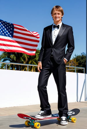 President tony hawk, tuxedo, skateboard, podium, american flag, posong with skateboard