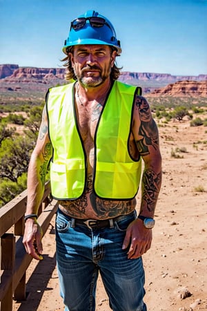 A rugged gold miner stands defiantly in the sun-baked Australian Outback, his grizzled face framed by a bushy beard and intricate tattoos. A faded yellow reflex vest clings to his weathered torso, while a worn blue security helmet sits atop his tousled hair. Sunglasses perch on the bridge of his nose, casting a shadow over his piercing gaze. In the background, a bulldozer's heavy machinery rumbles through the dusty terrain, a testament to the miner's relentless pursuit of gold in this unforgiving landscape.