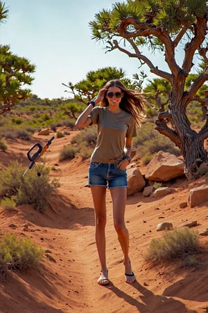 A sun-kissed Australian landscape, 'The Bush', with a rugged outcropping of rocks and twisted eucalyptus trees. A girl with long legs and sleeves-free t-shirt stands confidently, her sunglasses perched on her forehead, her long hair blowing gently in the breeze. She's armed with a metal detector, a nod to Australia's gold mining heritage. The golden light of late afternoon casts a warm glow over the scene.