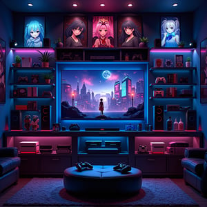 A perfectly symmetrical and sleek mancave, where precision meets indulgence. The plasma TV dominates the focal point, surrounded by rows of video game consoles and controllers, their neon hues glistening in harmony. A shelf above, adorned with DVDs and posters of anime waifus, adds a touch of whimsy. Comfy seating and snacks at the ready, this modern retreat exudes elite sophistication.