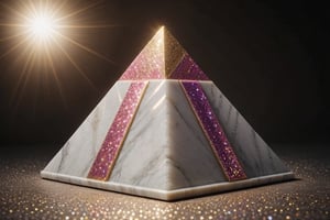 perspective,contained color,APEX colourful,glitter,shiny,pristine pyramid,coated with white marble,Golden top,glistening in the sun,reflective beam, 