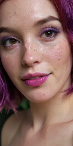 Magenta haired supermodel, her perfect face is blushed and slightly freckled, her makeup and lipgloss has a soft purple tone, her dimpled smile and big puckered lips are seductive,  the face of absolute beauty,