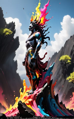 Contained Color,Color Splash,colorful, Granite behemoth of ancient lore: weathered statue of an anonymous warrior stands sentinel at volcanic crater's rim, one arm lost in battle, yet unwaveringly majestic. Sword tip aglow within molten lava, fiery tendrils flow like lifeblood down the volcano's slope. Kaleidoscope colors burst forth from peak and rocks, a vibrant contrast to dawn-lit greyscale background where night slowly yields to day.