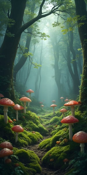 In a dense, misty forest, a mystical Fey Trap lies hidden. A perfectly circular arrangement of vibrant, ultra-realistic mushrooms surrounds a clearing, their stems swaying gently in an unseen breeze. Soft, ethereal light filters through the canopy above, casting dappled shadows on the forest floor. In the center of the circle, an air of anticipation hangs heavy, as if waiting for the next unsuspecting adventurer to take the fateful step inside. Will they return? Only the fey know.