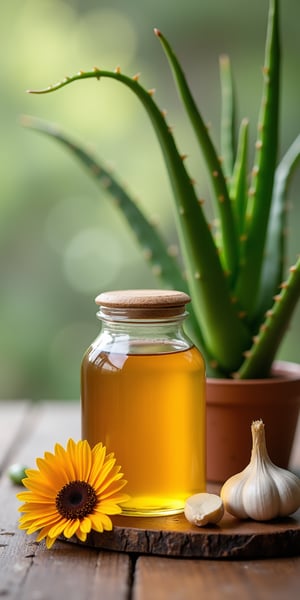 A jar of honey, an aloe vera plant, garlic, cinnemon, 