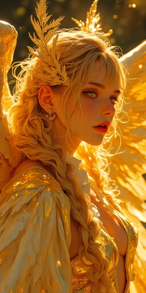 Golden angel, female, ultimate beauty, different hues of gold, angel wings,golden feathers  it is hard to discern if such a beautifull entity should be worshipped or feared, golden eyes, dark gold pupils, golden lips, gold hair, gold armor, gold skin, glittering ,glimmering, lucifer cosplay
