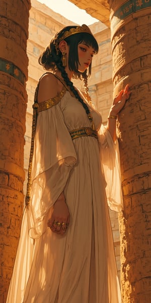 Ethereal light dances across the warm stone temple floor, illuminating a majestic Egyptian woman. Her black bobcut, braided sidebangs, adorned with golden rings. Her confident gaze stretches out into the sunlit distance as she stands poised, her flowing pleated tunic draping elegantly around her statuesque figure. Egyptian makeup, touching a heriglyph pillar,