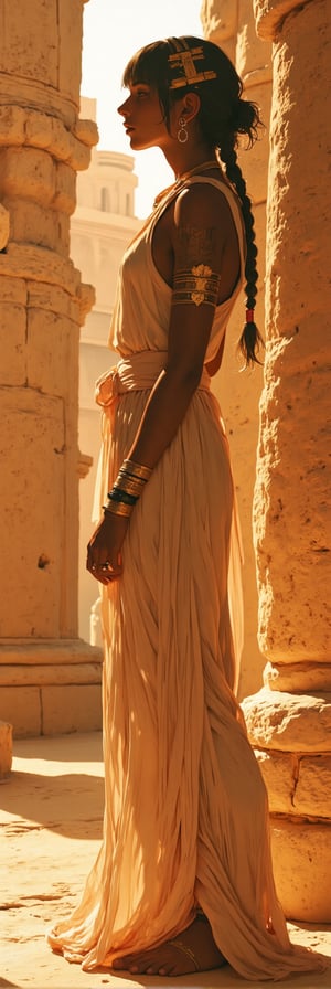 Ethereal light dances across the warm stone temple floor, illuminating a majestic Egyptian woman. Her black bobcut, braided sidebangs, adorned with golden rings. Her confident gaze stretches out into the sunlit distance as she stands poised, her flowing pleated tunic draping elegantly around her statuesque figure.