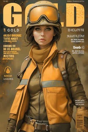 magazine cover, large golden font on top, "GOLD DIGGERS" as the world famous magazine. Generate a cover for the magazine "GOLD DIGGERS featuring: (masterpiece, high quality, 8K, high_res), 
nature art style, real picture, klondyke, girl with helmet reflex vest and golden showel, insinuation at the double meaning of the word gold digger, 
