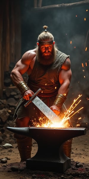 Sigurd ring, the nordic legend, in the smithy, cutting the the anvil in 2 with hes newly reforged magical sword "Gram", the smith made 2 swords that shattered against the anvil before they reforged gram and it cut the anvil into 2 pieces. The smith looks in awe as the muscular would be king slices the anvil into 2 pieces with all his mighty, roaring , runic, nordic, celtic, scandinavian, fantasy legend,