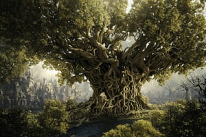 masterpiece, best quality,no_humans,scenery, ,wrench_elven_arch,yggdrasil,tree of life,faxanadu,tree of the gods, cities on brances, epic proportion, gigantic tree. tree with cities carved into the root, cities amongs the brances,no humans
