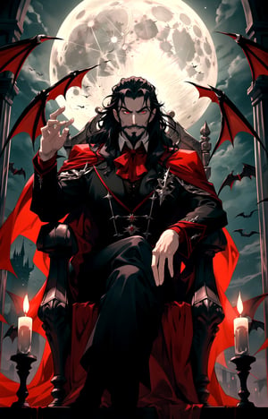 best quality,HQ,8K, dracula,symphony of the night, long hair which flows below his shoulders is black, Gaotee, bearded, From the tapering, beautiful head stare two glowing red eyes, ((red eyes)),fangs,black cape, Germany Male, confident, crooked smile, twisted lips, extending hand,
,High detailed, sitting on throne,draculacastlevania,wineglass filled with crimson red  liquid, vampire castle, the moon is full, valencia  candelabra, big throne
