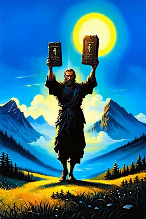 A majestic mountainous landscape with a glowing aura surrounds Moses as he holds aloft two stone tablets etched with the ancient commandments. The tablets' surface glistens in the warm golden light of dawn, illuminated by a halo above. Moses' figure is silhouetted against the serene blue sky, his face radiating an air of reverence and responsibility.