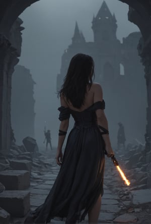 From behind,holding a dim torch, dark fantasy, gritty, sorceress, exploring, mystical, misty, 80s movie feeling, amongst stony ruins of alien origin,  a raven watces,