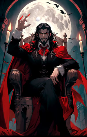 best quality,HQ,8K, dracula,symphony of the night, long hair which flows below his shoulders is black, Gaotee, bearded, From the tapering, beautiful head stare two glowing red eyes, ((red eyes)),fangs,black cape, Germany Male, confident, crooked smile, twisted lips, extending hand,
,High detailed, sitting on throne,draculacastlevania,wineglass filled with crimson red  liquid,the moon is full, valencia  candelabra, big throne
