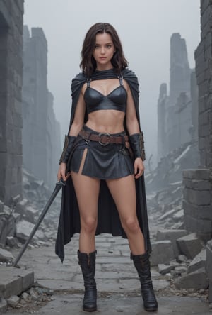 Sword and sorcery, dark fantasy, gritty, warrior woman, skirt,top,leather armor,cape,straps and belts, mystical, misty, 80s movie feeling, amongst stony ruins of alien origin