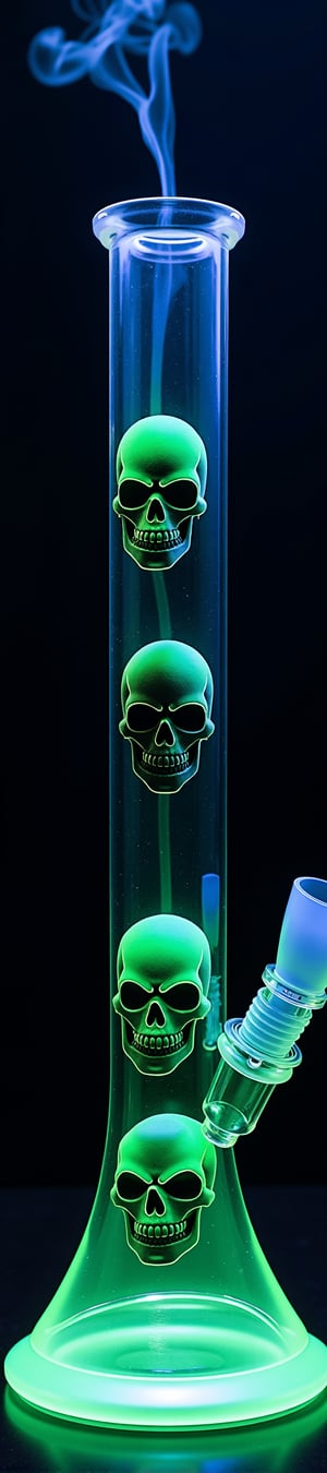 lengthy acrylic and glass bong against a darkened backdrop. filled with neon glowing water. Amidst the glassy curves, a pair of green and black skulls gaze eerily outwards with blue-green glow. ornate glassman skillcraft. while wispy tendrils of marijuana smoke curl upwards like ethereal tentacles from the top opening of the long tube