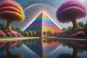 perspective,contained color,APEX colourful,glitter,shiny,hanging gardens of babylon,sandstone ziggurats,rainbow,water reflection,epic,sense of awe,pristine,mulicolored trees and flowers,beautiful day,1900bc,