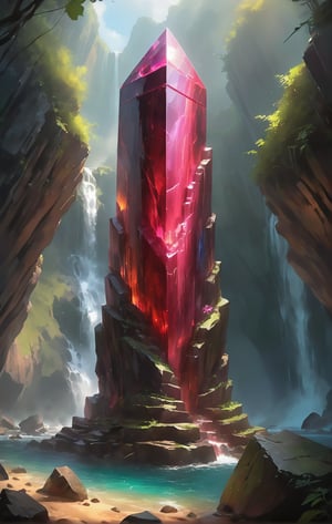 A majestic shot: a symmetrical hexagonal tower of pure ruby crystal pierces the sky, radiating kaleidoscopic hues as the sun's rays dance across its facets. Amidst lush greenery, this mystical monolith appears anachronistic, yet draws the eye like a beacon. Coastal caves, weathered cliffs, and thundering waterfalls provide a dramatic backdrop for this enigmatic megalithic artefact, shrouded in mystery.
Contained Color,Color Splash,colorful, 