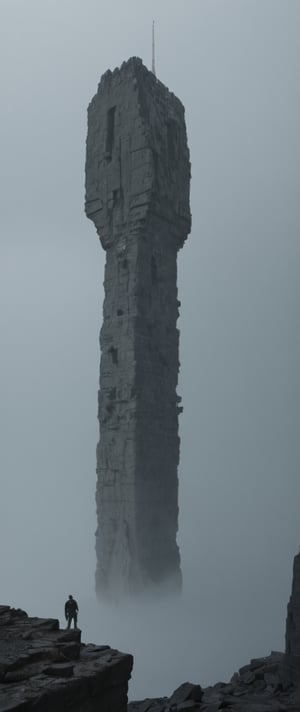 An upside down tower hanging down from the clouds, dark fantasy, gritty, exploring, misty, 80s movie feeling, amongst stony ruins of alien origin, an omnious megalithic tower, wierd fantasy, 