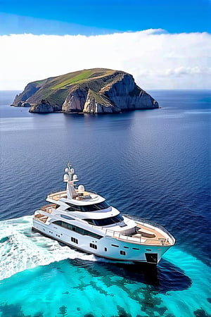 A luxurious yacht glides effortlessly along the picturesque Gibraltar coastline, with the sun-kissed Archipelago Islands rising majestically in the distance. The crystal-clear waters lap gently against the hull as a serene sea breeze rustles the sails. In the foreground, a sleek and stylish vessel cuts through the waves, surrounded by a stunning backdrop of limestone cliffs and lush greenery.