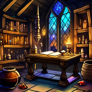 masterpiece,best quality,more detail XL,warlock laboratory,alchemical equipment,bookshelf,jars,books,wand,magical items,desktop,notes,ink and quill,gems,geodes,cages,torch,dungeon,stairs,glowing gem,
