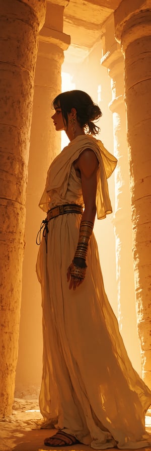 Ethereal light dances across the warm stone temple floor, illuminating a majestic Egyptian woman. Her black bobcut, braided sidebangs, adorned with golden rings. Her confident gaze stretches out into the sunlit distance as she stands poised, her flowing pleated tunic draping elegantly around her statuesque figure