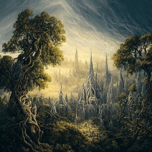 8k hq,masterpiece, best quality,proffesional,scenery,yggdrasil,tree of life,tree of the gods, houses amongst brances, epic proportion, gigantic tree,elven cities, treecrowns stretching for the heavens, gleaming towers from cities on branches,clouds,no humans,wrench_elven_arch