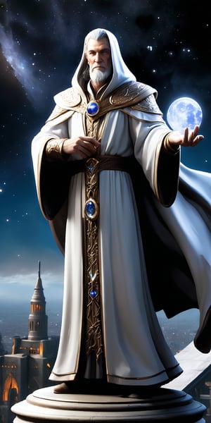 The archmage, ruler of the last city of mages, decadent but powerfull, he carried wisdom and age well, wathing the stars at the edge of the flying magical city, at the feet of his, ancestors statue, epic,sense of awe