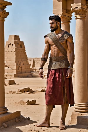 A majestic shot of King Gilgamesh standing in front of the Temple of Nineveh in ancient Uruk. The king's regal figure is framed by the imposing stone structure's columns, with warm golden light casting a sense of grandeur and authority. He stands tall, one hand grasping the temple's intricate carvings, as if claiming dominion over the sacred site. His eyes seem to hold a hint of wisdom and nostalgia, gazing out at the vast expanse of Mesopotamian plains.