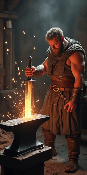 Sigurd ring, the nordic legend, in the smithy, cutting the the anvil in 2 with hes newly reforged magical sword "Gram", the smith made 2 swords that shattered against the anvil before they reforged gram and it cut the anvil into 2 pieces. The smith looks in awe as the muscular would be king slices the anvil into 2 pieces witha mighty roar , runic, nordic, celtic, scandinavian, fantasy legend,