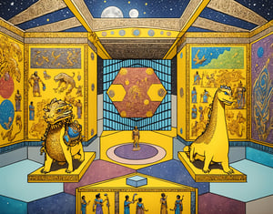In a contained color world of APEX vibrancy, the treasury of Sargon lies hidden within an ancient temple. The hexagonal floor glimmers with golden light as griphons and dinosaurs pose amidst ornate, intricate murals depicting great battles. Predator masks adorn the walls, while depictions of legendary creatures fill the air. In the background, a stunning 8K/4k starry night sky shines down on Mount Olympus, where the yin/yang moon hangs low. A beehive pattern whispers secrets of ancient technology and the legend of the Reed King. As the Moon is stolen from Ouroboros' grasp, the temple's secret treasure vault remains hidden, waiting to be uncovered.