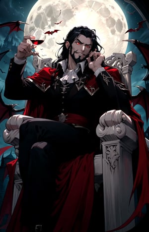 best quality,HQ,8K, dracula,symphony of the night, long hair which flows below his shoulders is black, Gaotee, bearded, From the tapering, beautiful head stare two glowing red eyes, ((red eyes)),fangs,black cape, Germany Male, confident, crooked smile, twisted lips, extending hand,
,High detailed, sitting on throne,draculacastlevania,wineglass filled with crimson red  liquid, vampire castle, the moon is full, valencia  candelabra, big throne
