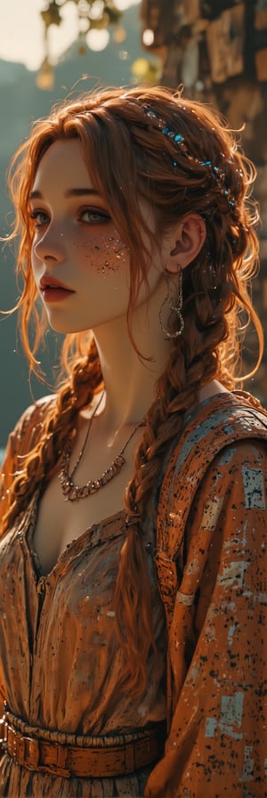 A majestic Lydian woman, embodying Anatolian elegance, stands poised in a warm, sunlit clearing. Her rich, chestnut-brown locks are intricately braided in a traditional style, characteristic of the Lycean people. The intricate braids are adorned with tiny, shimmering stones and delicate golden threads, echoing ancient Greek dress codes. A flowing, pleated tunic, inspired by ancient Greece, drapes elegantly around her statuesque figure, as she confidently gazes into the distance.