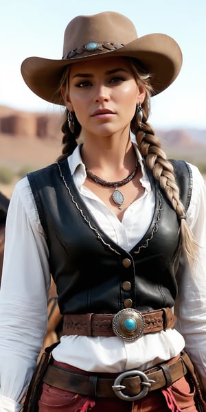 Beauty,braided hair,blush,perfect eyes,long eyelashes,makeup,hat,frilled vest,minimalistic,tight leather,pants,boots,belt,cowboy boots,bandolier,bohemic,Calamity jane,cool,sexy,skin imperfection,confident,feather earrings,she is influenced by both settler and indian culture,ultra realistic,8k, hd, wild west,grit,dirt,